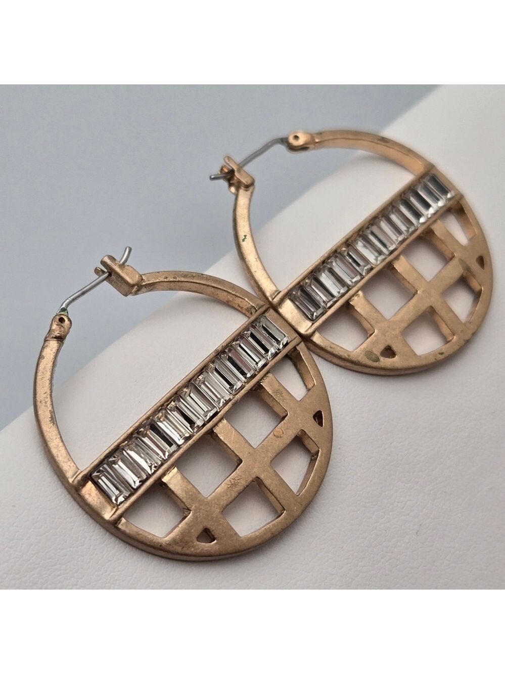 Vintage Kenneth Cole Gold Tone Antique Finish Baguette Rhinestones Hoop Earrings